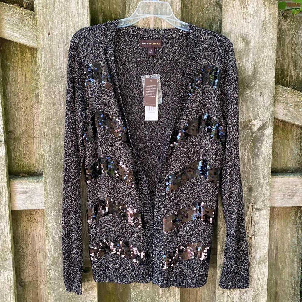 Black sequin striped black and silver metallic open sweater